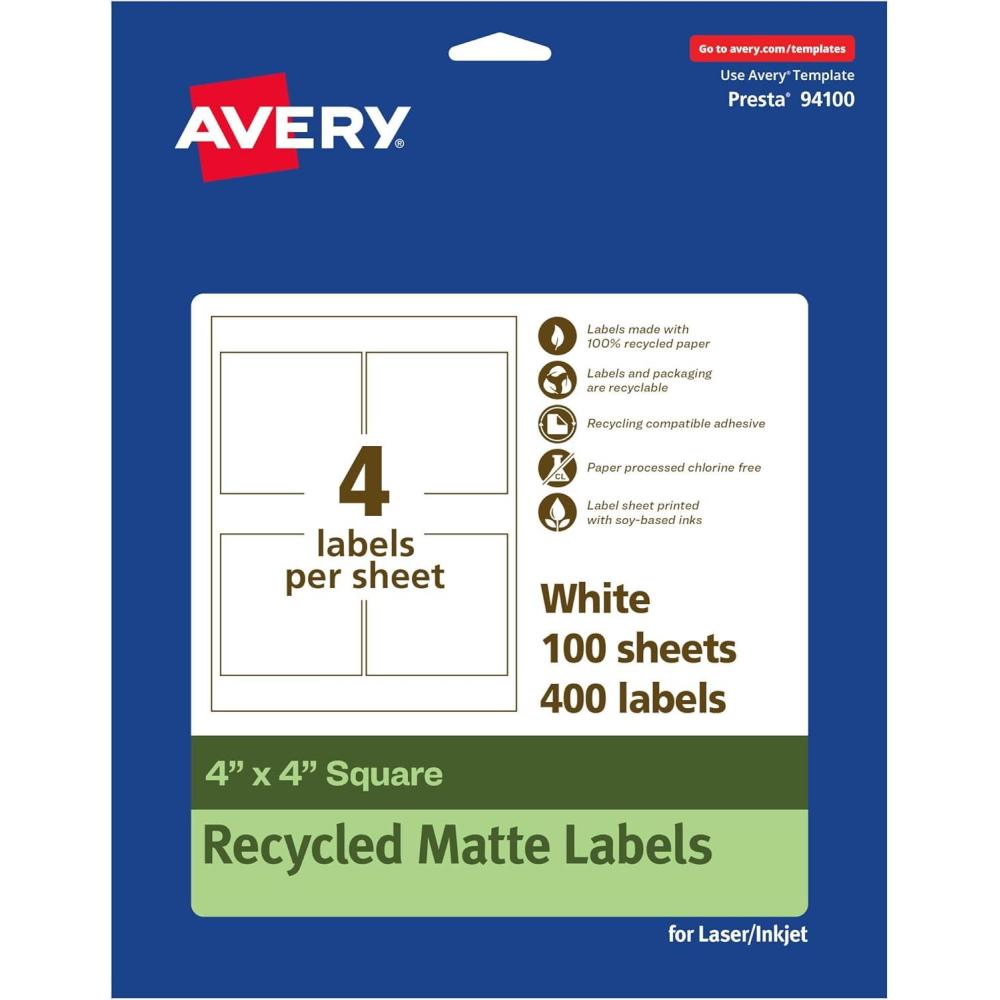 imageAvery EcoFriendly Matte White Recycled Square Labels 4quot x 4quot Matte White Labels Permanent Adhesive LaserInkjet Printable 40 Total400 labels