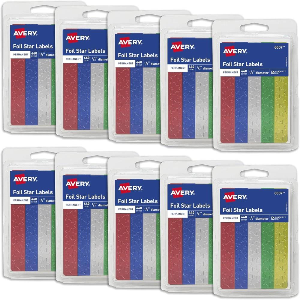 imageAvery Foil Star Labels 12quot Assorted Colors NonPrintable 440 Star Stickers Total 600710 Packs