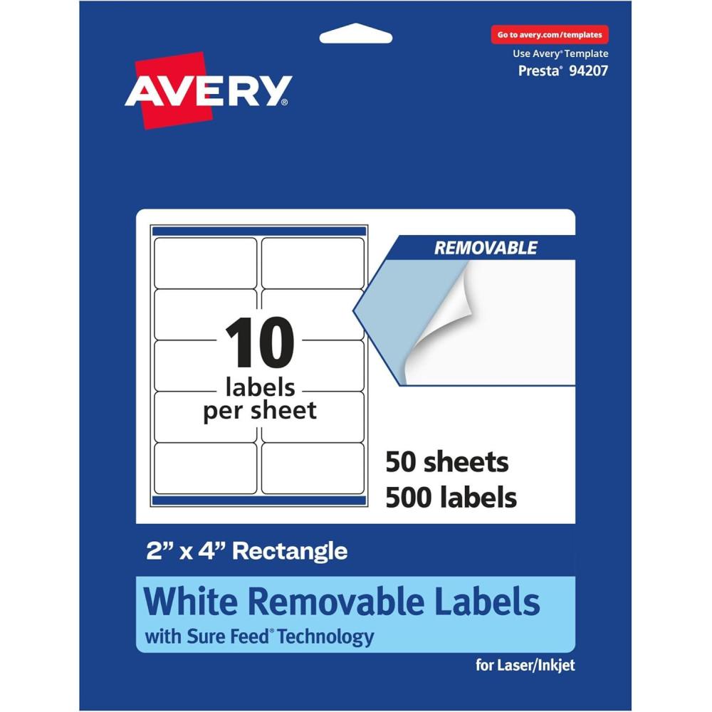 imageAvery Matte White Removable Rectangle Labels Sure Feed Technology 2quot x 4quot 150 Removable Labels LaserInkjet Printable500 labels