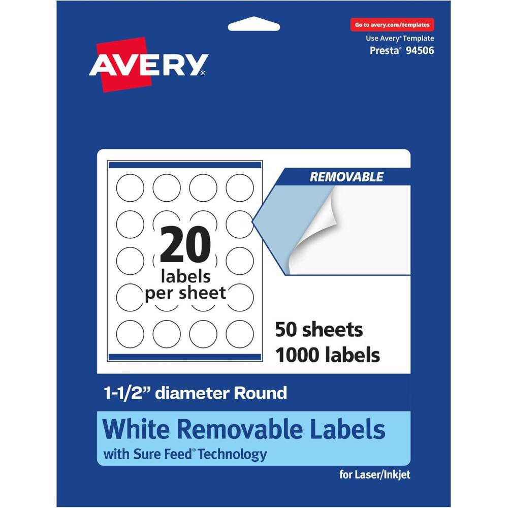 imageAvery Matte White Removable Round Labels with Sure Feed Technology 15quot Diameter 300 Labels LaserInkjet Printable1 000 labels