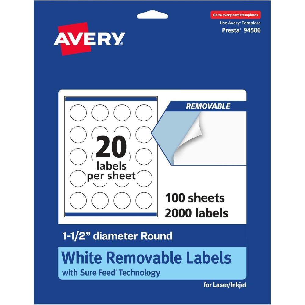 imageAvery Matte White Removable Round Labels with Sure Feed Technology 15quot Diameter 300 Labels LaserInkjet Printable2 000 labels