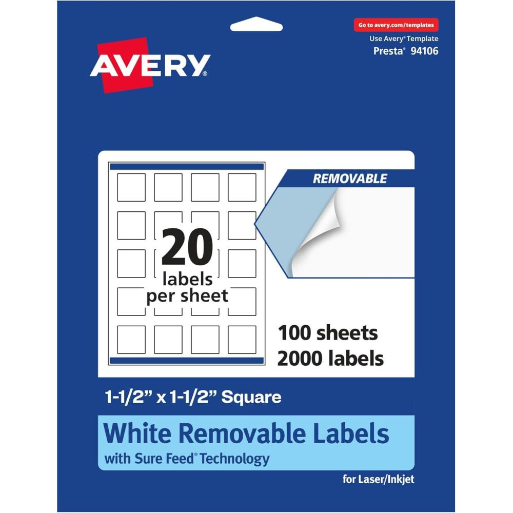 imageAvery Matte White Removable Square Labels Sure Feed Technology PrinttoTheEdge 15quot x 15quot 300 Removable Labels LaserInkjet Printable2 000 labels