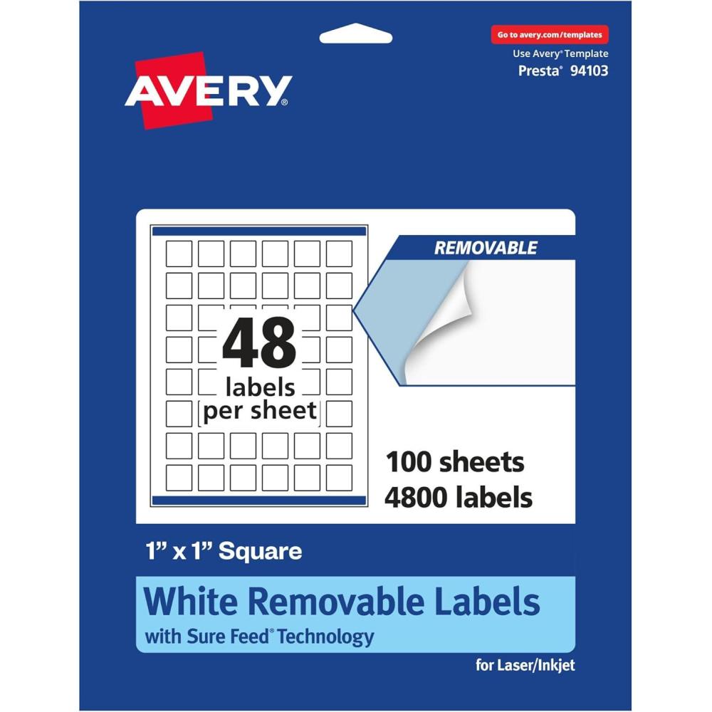 imageAvery Matte White Removable Square Labels Sure Feed Technology PrinttoTheEdge 1quot x 1quot 720 Removable Labels LaserInkjet Printable4 800 labels