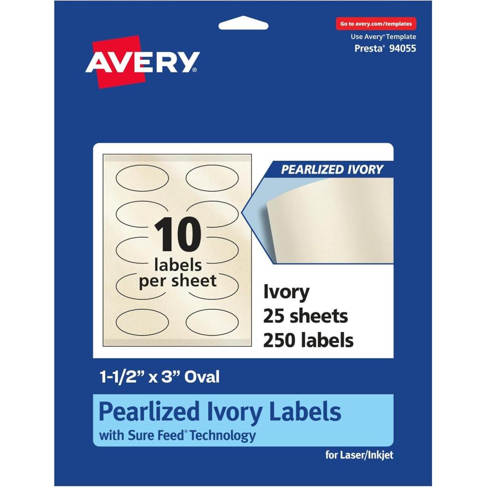 imageAvery Pearlized Ivory Oval Labels Sure Feed Technology PrinttoTheEdge 15quot x 3quot 500 Pearlized Ivory Labels LaserInkjet Printable250 labels