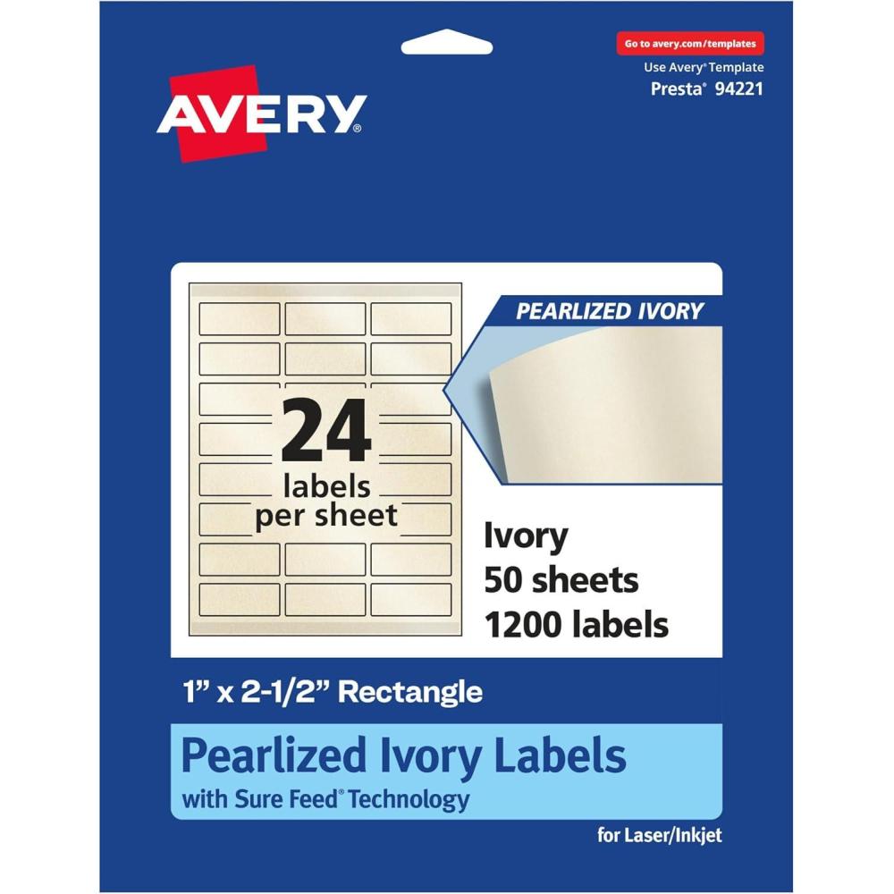imageAvery Pearlized Ivory Rectangle Labels Sure Feed Technology 1quot x 25quot 240 Pearlized Ivory Labels LaserInkjet Printable1 200 labels