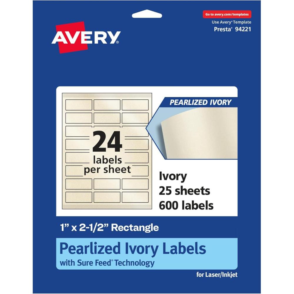 imageAvery Pearlized Ivory Rectangle Labels Sure Feed Technology 1quot x 25quot 240 Pearlized Ivory Labels LaserInkjet Printable600 labels