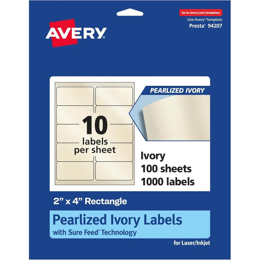 imageAvery Pearlized Ivory Rectangle Labels Sure Feed Technology 2quot x 4quot 100 Pearlized Ivory Labels LaserInkjet Printable1 000 labels