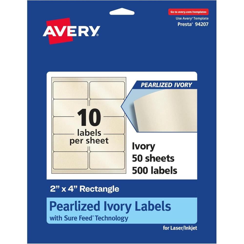 imageAvery Pearlized Ivory Rectangle Labels Sure Feed Technology 2quot x 4quot 100 Pearlized Ivory Labels LaserInkjet Printable500 labels
