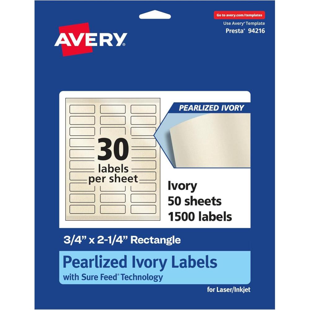 imageAvery Pearlized Ivory Rectangle Labels Sure Feed Technology PrinttoTheEdge 075quot x 225quot 300 Pearlized Ivory Labels LaserInkjet Printable1 500 labels