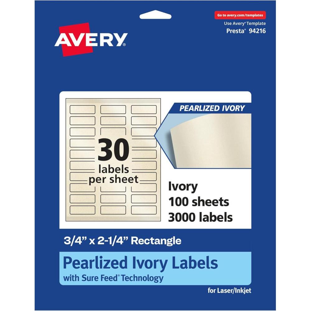 imageAvery Pearlized Ivory Rectangle Labels Sure Feed Technology PrinttoTheEdge 075quot x 225quot 300 Pearlized Ivory Labels LaserInkjet Printable3 000 labels