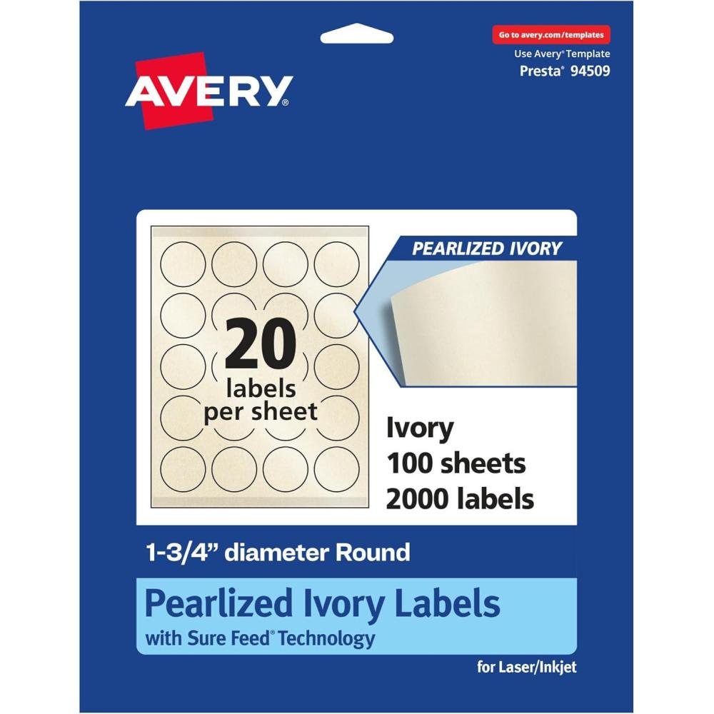 imageAvery Pearlized Ivory Round Labels Sure Feed Technology PrinttoTheEdge 175quot Diameter 200 Pearlized Ivory Labels LaserInkjet Printable2 000 labels