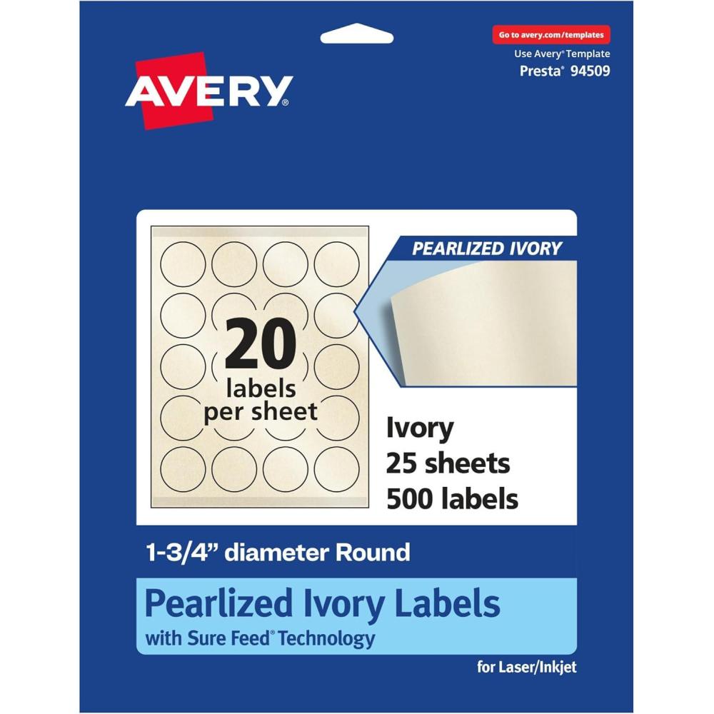 imageAvery Pearlized Ivory Round Labels Sure Feed Technology PrinttoTheEdge 175quot Diameter 200 Pearlized Ivory Labels LaserInkjet Printable500 labels