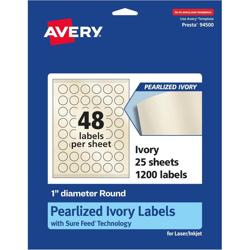 imageAvery Pearlized Ivory Round Labels Sure Feed Technology PrinttoTheEdge 1quot Diameter 480 Pearlized Ivory Labels LaserInkjet Printable1 200 labels