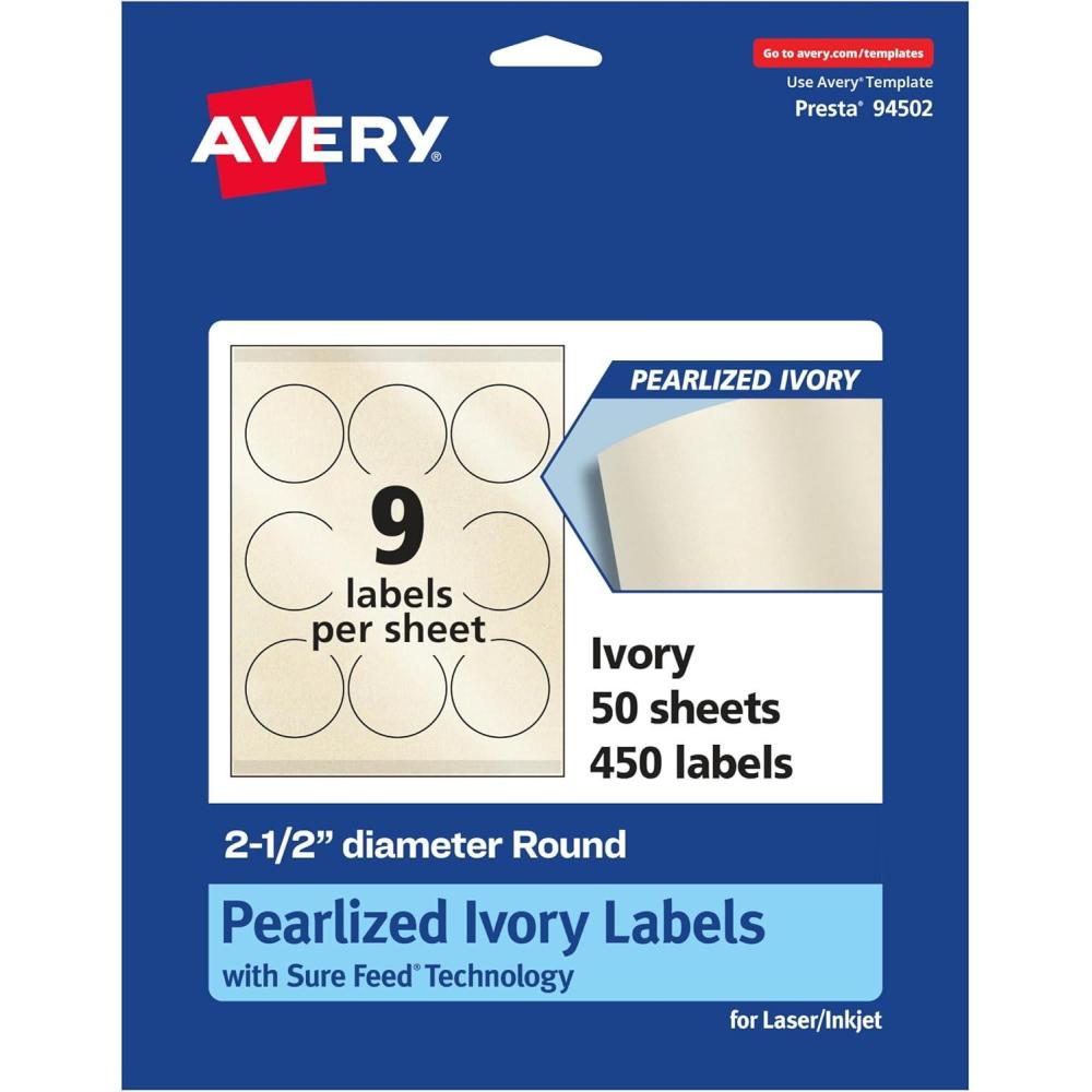 imageAvery Pearlized Ivory Round Labels Sure Feed Technology PrinttoTheEdge 25quot Diameter 90 Pearlized Ivory Labels LaserInkjet Printable450 labels