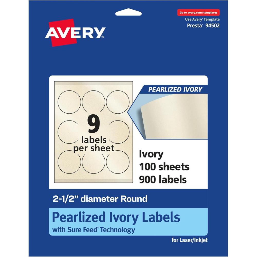 imageAvery Pearlized Ivory Round Labels Sure Feed Technology PrinttoTheEdge 25quot Diameter 90 Pearlized Ivory Labels LaserInkjet Printable900 labels