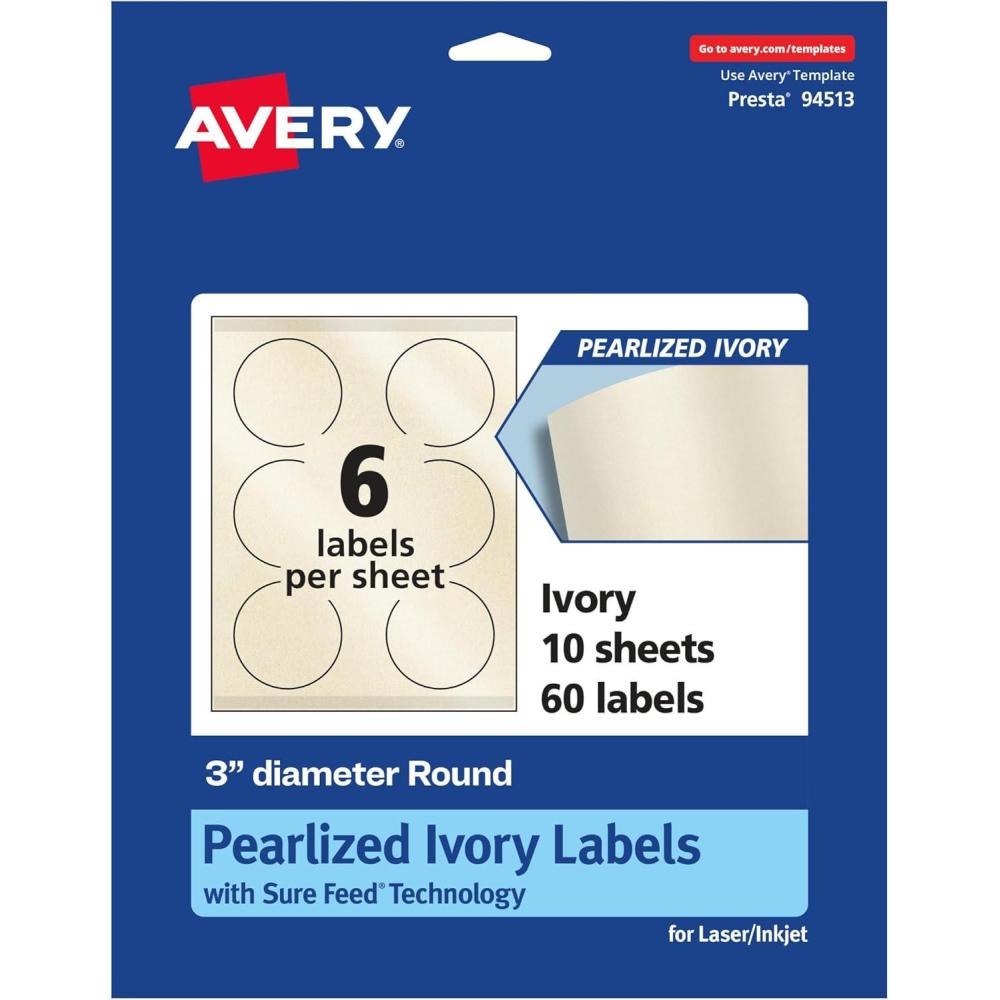 imageAvery Pearlized Ivory Round Labels Sure Feed Technology PrinttoTheEdge 3quot Diameter 60 Pearlized Ivory Labels LaserInkjet Printable60 labels