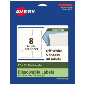 imageAvery Dissolvable Rectangle Labels Sure Feed Technology 2quot x 3quot Matte White PrinttoTheEdge LaserInkjet Printable 200 Labels Total40 labels