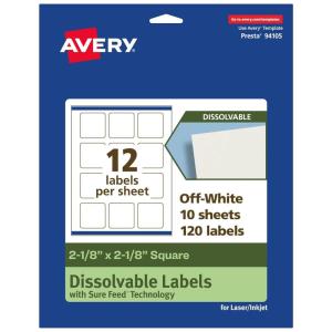imageAvery Dissolvable Square Labels Sure Feed Technology 218quot x 218quot Matte White PrinttoTheEdge LaserInkjet Printable 120 Labels Total120 labels