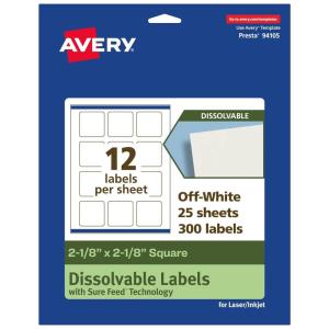imageAvery Dissolvable Square Labels Sure Feed Technology 218quot x 218quot Matte White PrinttoTheEdge LaserInkjet Printable 120 Labels Total300 labels