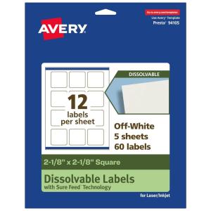 imageAvery Dissolvable Square Labels Sure Feed Technology 218quot x 218quot Matte White PrinttoTheEdge LaserInkjet Printable 120 Labels Total60 labels