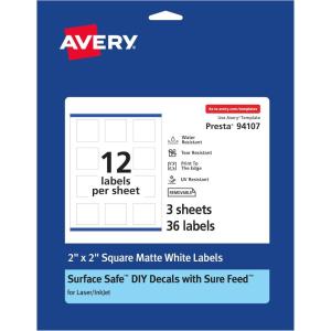 imageAvery Durable Removable Square Labels Sure Feed Technology 2quot x 2quot Matte White Film WaterResistant PrinttoTheEdge LaserPigmentBased Inkjet Printable 96 Total36 labels