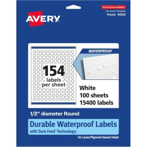 imageAvery Durable Waterproof Round Labels Sure Feed Technology 05quot Diameter 1540 Total Oil and TearResistant Waterproof Labels PrinttoTheEdge LaserPigmentBased Inkjet Printable15 400 labels