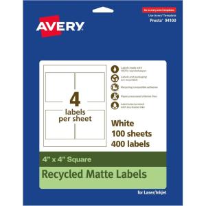 imageAvery EcoFriendly Matte White Recycled Square Labels 4quot x 4quot Matte White Labels Permanent Adhesive LaserInkjet Printable 40 Total400 labels