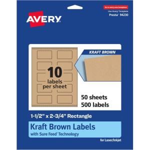 imageAvery Kraft Brown Rectangle Labels Sure Feed Technology 15quot x 275quot 150 Kraft Brown Labels PrinttoTheEdge LaserInkjet Printable500 labels