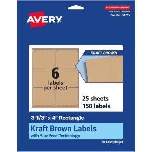 imageAvery Kraft Brown Rectangle Labels Sure Feed Technology 313quot x 4quot 90 Kraft Brown Labels LaserInkjet Printable150 labels