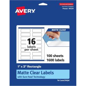 imageAvery Matte Clear Rectangle Labels Sure Feed Technology 1quot x 3quot 160 Matte Clear Labels PrintToTheEdge LaserInkjet Printable1 600 labels