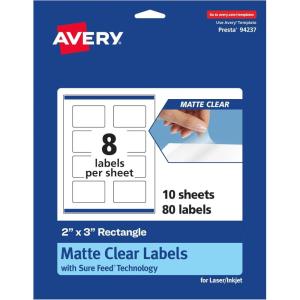 imageAvery Matte Clear Rectangle Labels Sure Feed Technology 2quot x 3quot 80 Matte Clear Labels PrinttoTheEdge LaserInkjet Printable80 labels