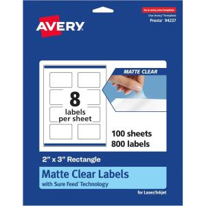 imageAvery Matte Clear Rectangle Labels Sure Feed Technology 2quot x 3quot 80 Matte Clear Labels PrinttoTheEdge LaserInkjet Printable800 labels