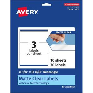 imageAvery Matte Clear Rectangle Labels Sure Feed Technology 314quot x 838quot 150 Matte Clear Labels LaserInkjet Printable30 labels