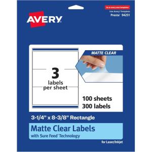 imageAvery Matte Clear Rectangle Labels Sure Feed Technology 314quot x 838quot 150 Matte Clear Labels LaserInkjet Printable300 labels