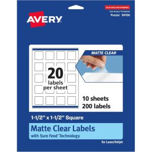 imageAvery Matte Clear Square Labels Sure Feed Technology 15quot x 15quot 200 Matte Clear Labels PrinttoTheEdge LaserInkjet Printable200 labels