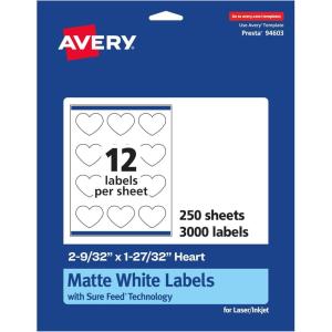 imageAvery Matte White Heart Labels Sure Feed Technology 2932quot x 12732quot 300 Matte White Printable Labels3 000 Labels