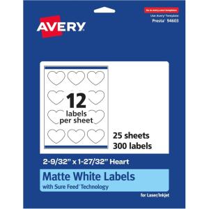 imageAvery Matte White Heart Labels Sure Feed Technology 2932quot x 12732quot 300 Matte White Printable Labels300 Labels