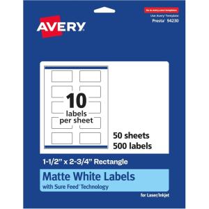 imageAvery Matte White Rectangle Labels Sure Feed Technology 15quot x 275quot 250 Matte White Printable Labels500 Labels