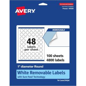 imageAvery Matte White Removable Round Labels Sure Feed Technology PrinttoTheEdge 1quot Diameter 720 Removable Labels LaserInkjet Printable4 800 labels