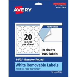 imageAvery Matte White Removable Round Labels with Sure Feed Technology 15quot Diameter 300 Labels LaserInkjet Printable1 000 labels