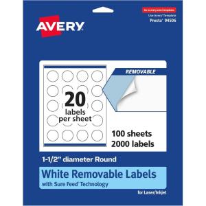 imageAvery Matte White Removable Round Labels with Sure Feed Technology 15quot Diameter 300 Labels LaserInkjet Printable2 000 labels