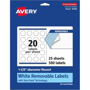 imageAvery Matte White Removable Round Labels with Sure Feed Technology 15quot Diameter 300 Labels LaserInkjet Printable500 labels