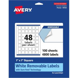 imageAvery Matte White Removable Square Labels Sure Feed Technology PrinttoTheEdge 1quot x 1quot 720 Removable Labels LaserInkjet Printable4 800 labels