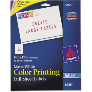 imageAvery Matte White Shipping Labels Permanent Adhesive 812quot x 11quot 20 Labels 8255One Size