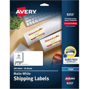 imageAvery Matte White Shipping Labels Sure Feed Technology Permanent Adhesive 2quot x 4quot 200 Labels 8253One Size