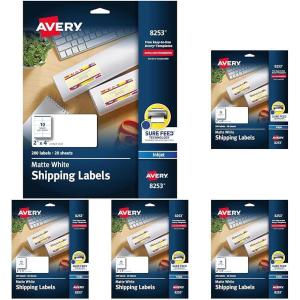 imageAvery Matte White Shipping Labels Sure Feed Technology Permanent Adhesive 2quot x 4quot 200 Labels 8253One Size Pack of 5