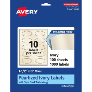 imageAvery Pearlized Ivory Oval Labels Sure Feed Technology PrinttoTheEdge 15quot x 3quot 500 Pearlized Ivory Labels LaserInkjet Printable1 000 labels