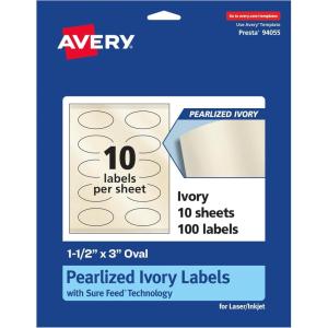 imageAvery Pearlized Ivory Oval Labels Sure Feed Technology PrinttoTheEdge 15quot x 3quot 500 Pearlized Ivory Labels LaserInkjet Printable100 labels