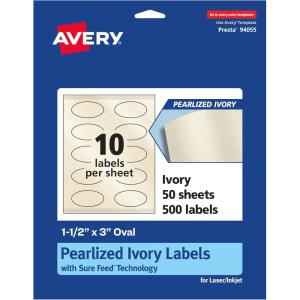 imageAvery Pearlized Ivory Oval Labels Sure Feed Technology PrinttoTheEdge 15quot x 3quot 500 Pearlized Ivory Labels LaserInkjet Printable500 labels