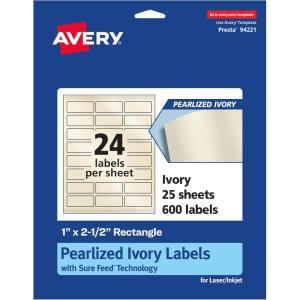 imageAvery Pearlized Ivory Rectangle Labels Sure Feed Technology 1quot x 25quot 240 Pearlized Ivory Labels LaserInkjet Printable600 labels